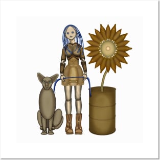 Girl with a cat and a sunflower. Steampunk (2) Posters and Art